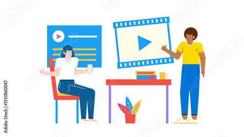 Ideal for educational presentations or eLearning content, showcasing two individuals engaged in a video presentation and interactive learning process.