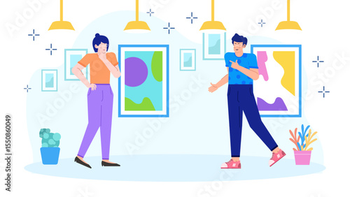 Two people in a modern gallery admiring abstract art. Suitable for marketing or interior design projects. Casually view abstract art in a modern gallery, perfect for marketing materials.