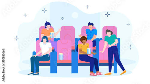 Friends relax, eat popcorn in movie theaters pink seats. Suitable for cinema promotions, friendship themes in graphic design projects.