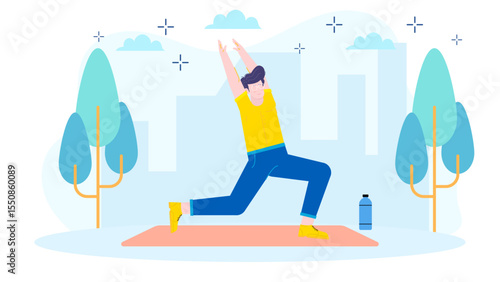 Man stretching outdoors, exercising among city trees suitable for active lifestyle, wellness, urban fitness, and outdoor workout concept.