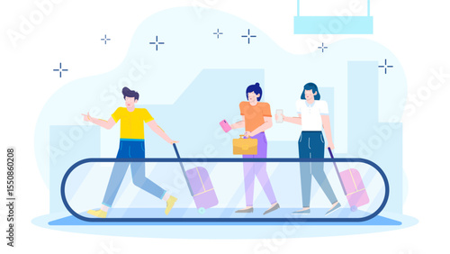 Three travelers swiftly moving on a walkway, each with their own luggage, suitable for travel, transportation, and modern lifestyle concepts.
