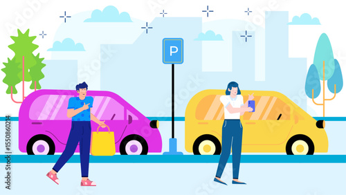 Two people standing near parked cars in city scene. Suitable for city lifestyle blogs or transportation themed designs. Perfect for urban advertising.
