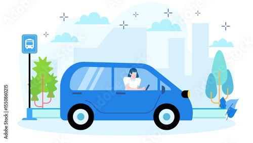 Woman driving a blue car near a bus stop. Suitable for transportation, urban lifestyle, and commuting concepts in stock photography.
