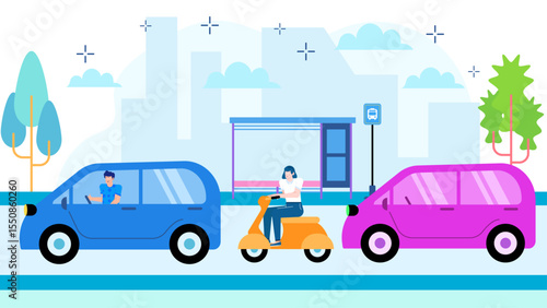 Cars, scooter, bus stop in urban setting. Ideal for transportation, urban lifestyle, city travel, public transport concepts in design projects.