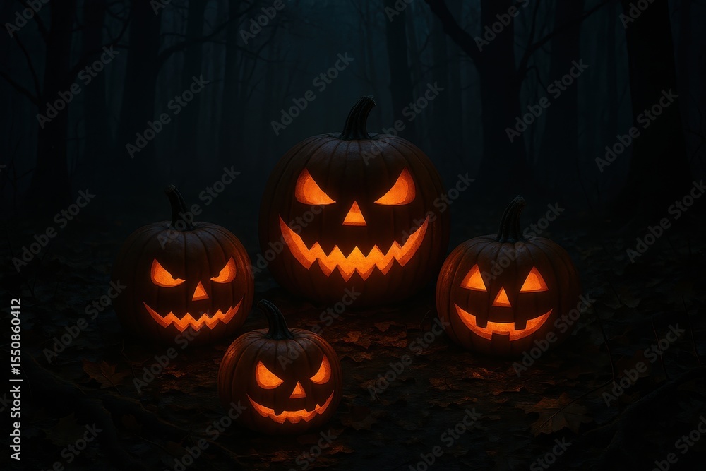 Spooky Halloween Forest Scene With Glowing Jack-o-Lanterns And Eerie Nighttime Atmosphere Spooky Halloween Forest Scene With Glowing Jack-o-Lanterns And Eerie Nighttime Atmosphere