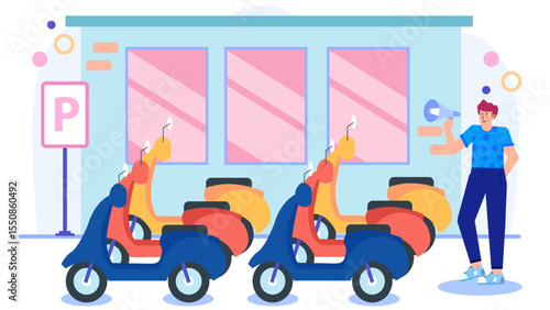Man vocalizing scooter parking options outside a pastel building in an urban setting. Suitable for urban transportation and city planning concepts.