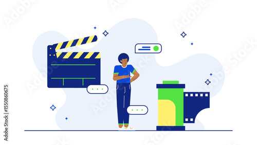 Person with clapperboard and film reel, perfect for movie production, filmmaking, cinema industry, entertainment, video editing, directing concepts.