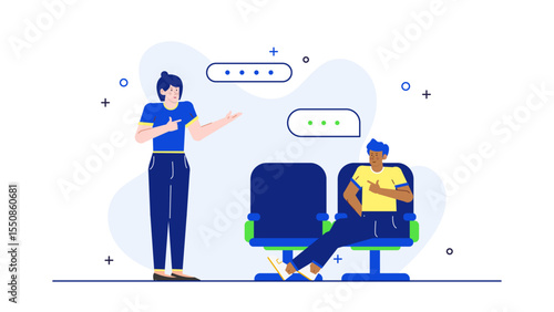 Two people sitting in chairs, engaging in conversation through speech bubbles. Perfect for illustrating communication, discussion, social interaction concepts.