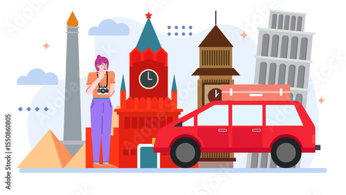Tourist capturing landmarks during a road trip. Perfect for travel blogs, car rental ads, and vacation themed designs. Suitable for travel and tourism.