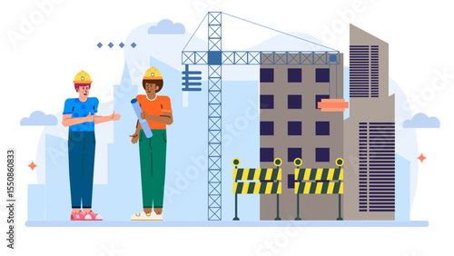 Two architects discussing construction near a crane, suitable for architecture blogs, construction companies, and real estate publications.
