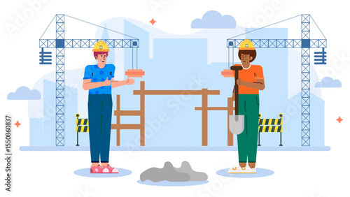 Two construction workers in hard hats near cranes at a construction site. Perfect for construction industry, teamwork, labor, development concepts.