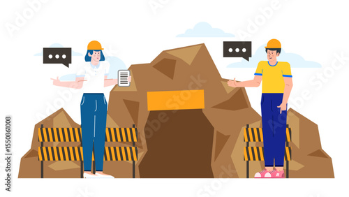 Two workers discuss a mine project near barricades. Suitable for presentations, articles, and blog posts on mining industry topics.