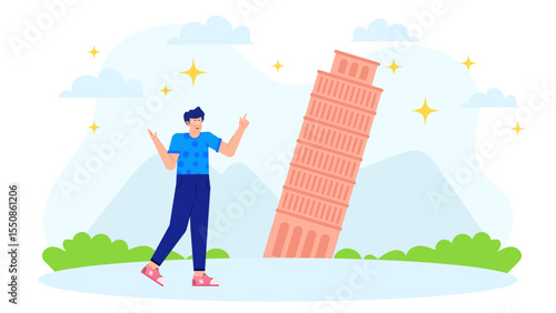 Man capturing the beauty of the leaning tower of Pisa. Ideal for travel brochures, blog posts, and educational materials on Italy.
