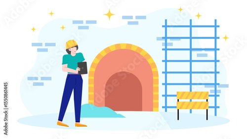 Female engineer using a tablet near scaffolding. Suitable for construction, technology, engineering, workplace, and female empowerment themes in design projects.