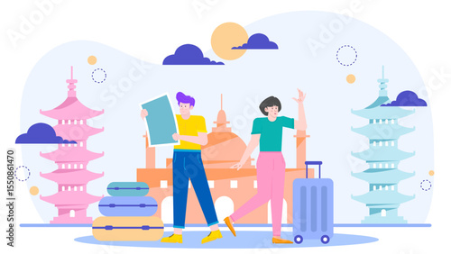 Two tourists with luggage explore Asian temples happily. Suitable for travel blogs, publications, tourism websites, and cultural advertisements.