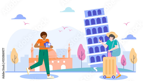 Two tourists sightsee near the leaning tower of Pisa. Suitable for travel brochures, websites, and articles about Italian landmarks.