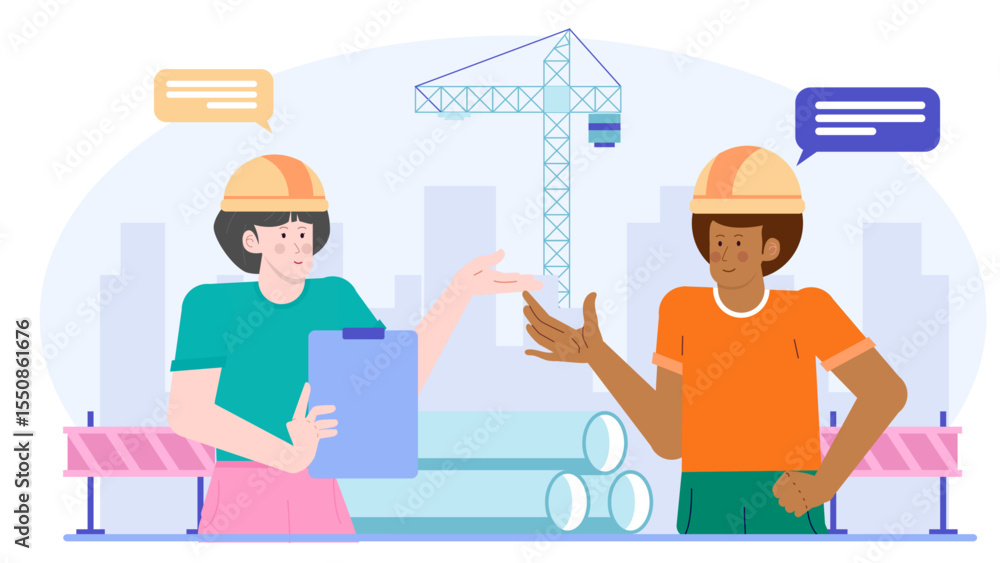 Two construction workers discussing plans near a crane, suitable for construction industry websites, presentations, or project management materials for builders. Two construction workers discussing plans near a crane, suitable for construction industry websites, presentations, or project management materials for builders.