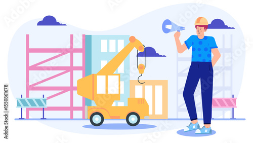 Construction worker on site uses a megaphone near a crane. Suitable for construction related designs, safety communication, and industry concepts.