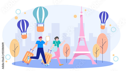 Couple in Paris with luggage, pink Eiffel Tower. Suitable for travel blogs, tourism ads, vacation themed designs, and romantic content.