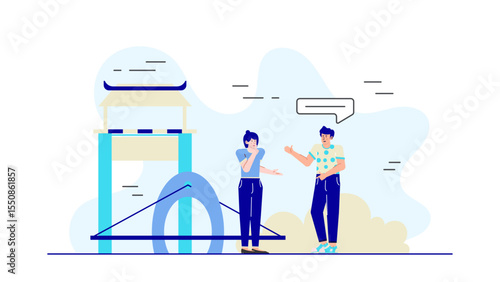 Two people converse near a stylized bridge structure. Ideal for business articles, communication themes, social networking concepts, or relationship discussions.