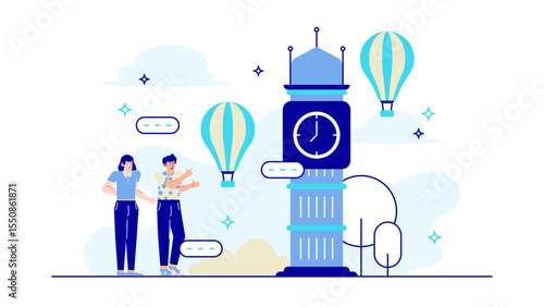 Two people enjoy hot air balloons near clock tower. Perfect for travel, adventure, leisure, and dreamy destination concepts.