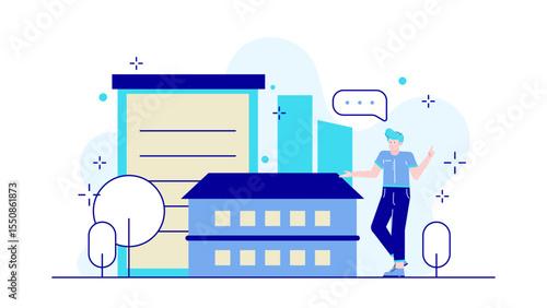Man presenting small building near a large building suitable for real estate, construction, architectural presentations, property development, urban planning concepts.
