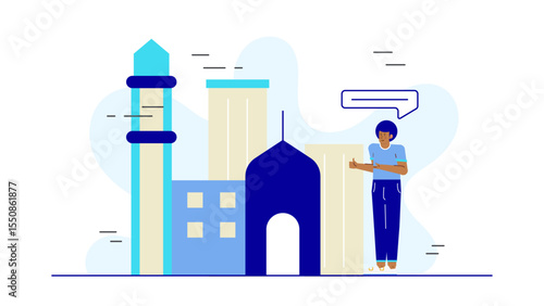 Man gestures thumbs up near bright blue buildings. Suitable for urban lifestyle, positive reviews, city success, real estate advertisement, construction progress.