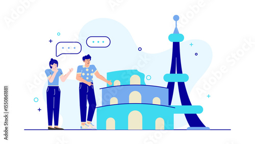 Two people talking about popular tourist spots. Perfect for travel blogs, educational materials, and social media posts on tourism.