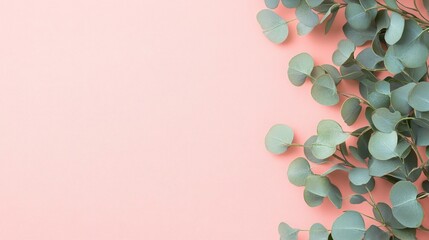 Delicate eucalyptus sprigs arranged on a soft pink background.