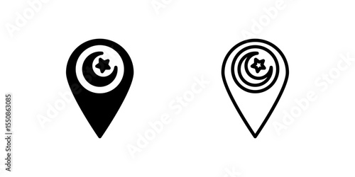 A location pin with crescent moon symbol, representing prayer direction or Islamic centers.