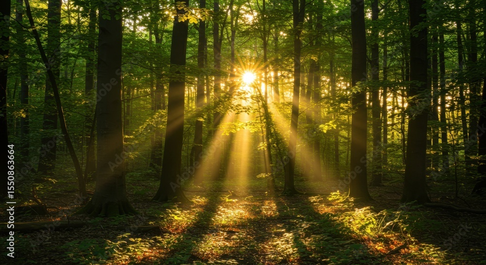 Fototapeta premium Golden Rays of Sunlight Illuminating a Lush Forest