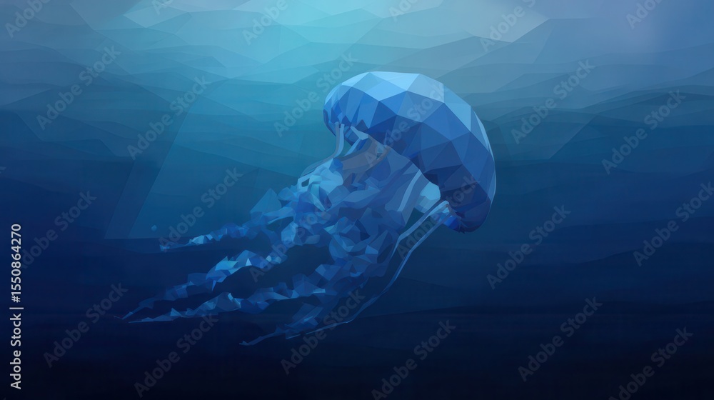 Fototapeta premium Polygonal jellyfish in a deep blue ocean.