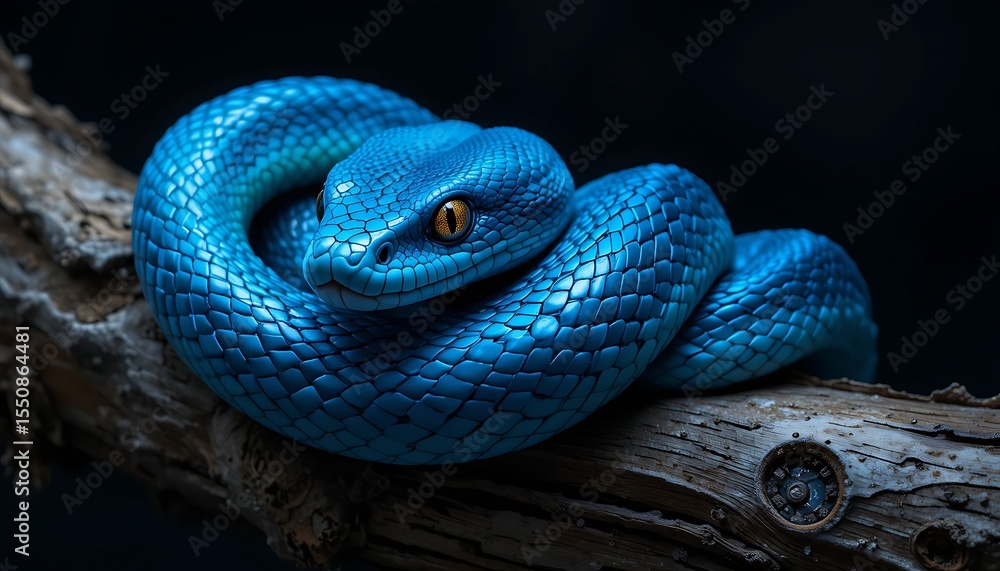 Fototapeta premium Magnificent Blue Viper Coiled on a Branch With Yellow Eyes Close Up