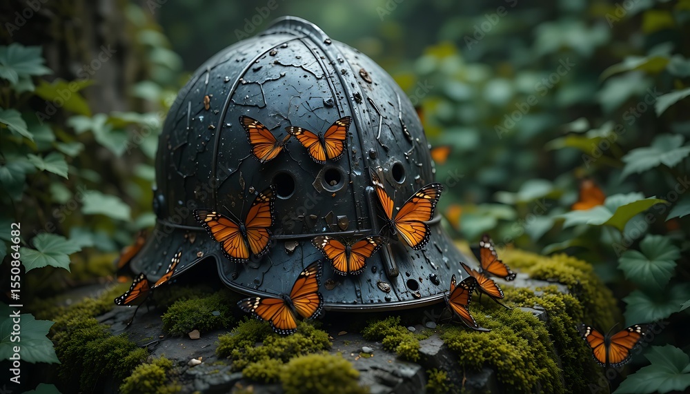 Enchanted Helmet Resting in Moss with Butterflies Embracing the Metal Enchanted Helmet Resting in Moss with Butterflies Embracing the Metal
