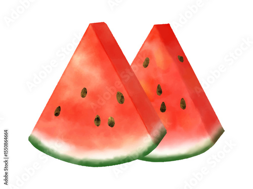 スイカ③　watermelon　カットしたスイカ 2切れ　水彩　イラスト