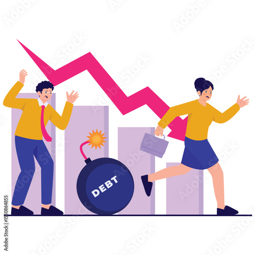 Economic Crisis Illustration. Vector illustration of Business people run in fear from a debt bomb and a plunging red graph. Isolated on background