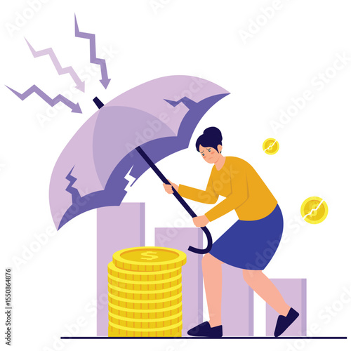 Economic Crisis Illustration. Vector illustration of A woman tries to shield savings with a cracked umbrella during financial downturn. Isolated on background