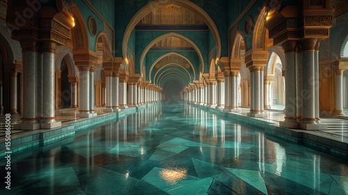 Reflections on turquoise waters beneath grand Islamic arches. Ornate palace corridor with geometric pool design. Perfect for cultural  architectural  and luxury travel visuals.