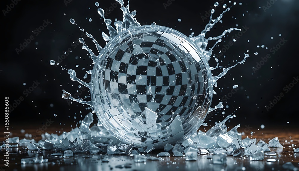 Obraz premium Splashing Water on a Disco Ball Causes it to Shatter into Pieces
