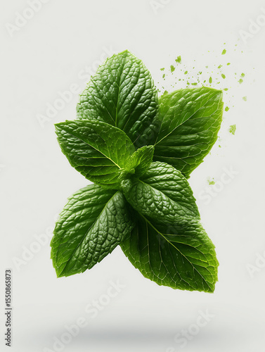Fresh mint leaves exploding with flavor on white background