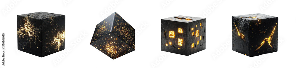 Obraz premium Dark cubes with glowing golden interior details. isolated on transparent background