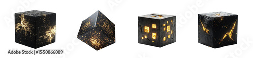 Dark cubes with glowing golden interior details. isolated on transparent background
