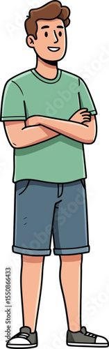 Young man standing with crossed arms wearing green t-shirt and blue shorts casual outfit smiling confidently 