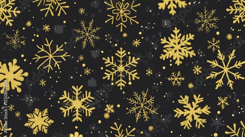 Gold snowflakes winter pattern dark background holiday design