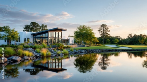 Modern clubhouse reflects on tranquil pond