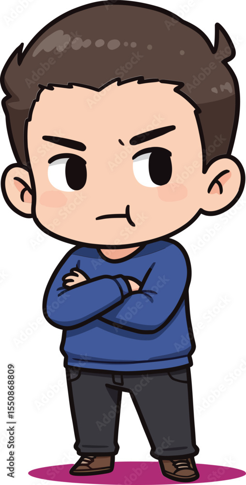 Cartoon boy crossing arms looking angry in blue sweater and dark pants with short hair standing on purple shadow background Cartoon boy crossing arms looking angry in blue sweater and dark pants with short hair standing on purple shadow background