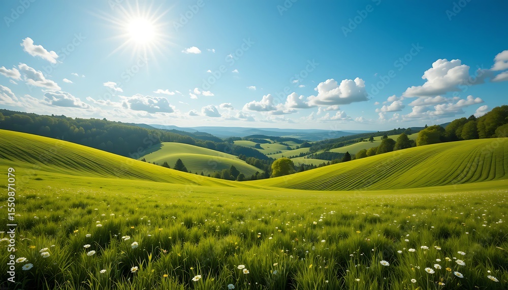 Fototapeta premium Expansive Green Hills Under a Bright Sunny Sky With Clouds