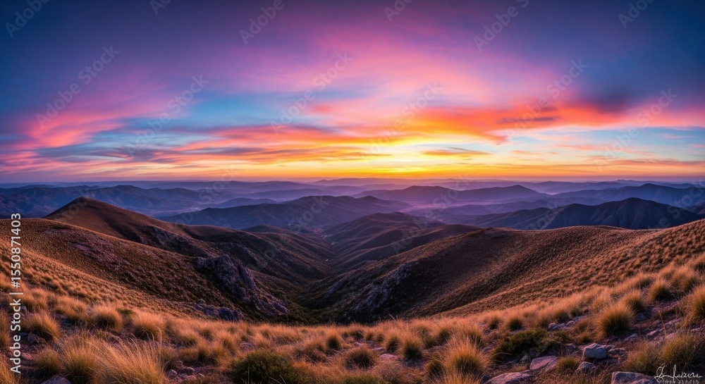 Fototapeta premium Vibrant Sky Painted Over Majestic Mountain Range at Sunrise Hour Inspiring Awe