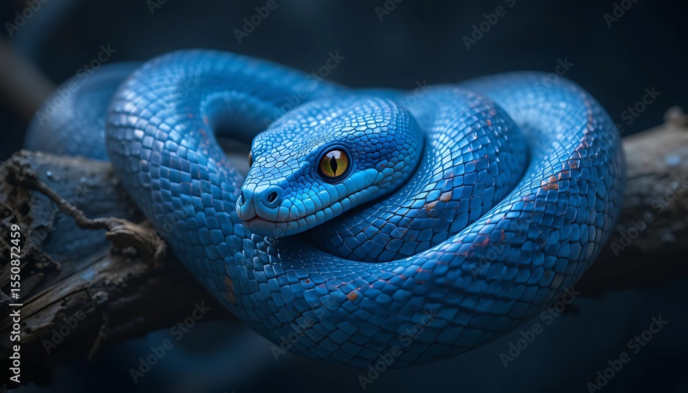 Fototapeta premium Close Up Majestic Blue Pit Viper Coiled on Tree Branch with Intense Gaze