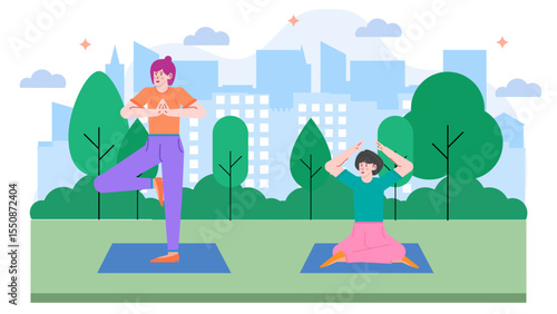 Two women practicing yoga outdoors in a city park. Suitable for wellness blog, fitness magazine, lifestyle website, yoga advertisement.
